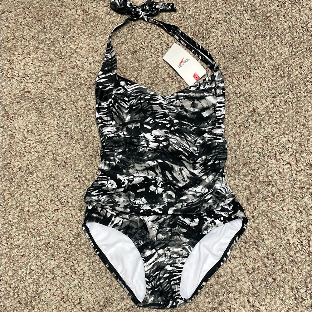 Speedo Black and White rutched low back One Piece Swimsuit